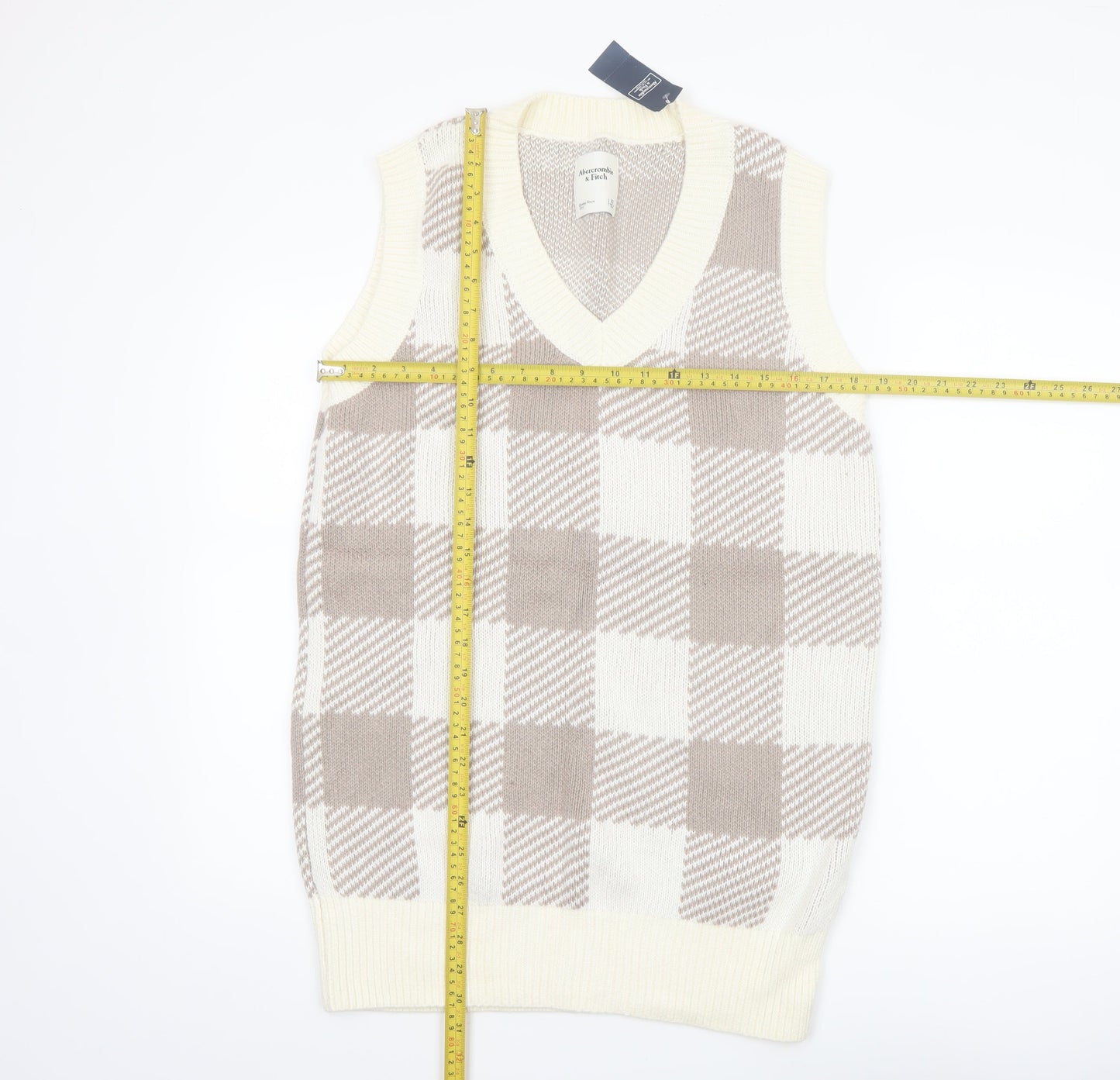 Abercrombie & Fitch Women's Beige Check Knit V-Neck Vest XS
