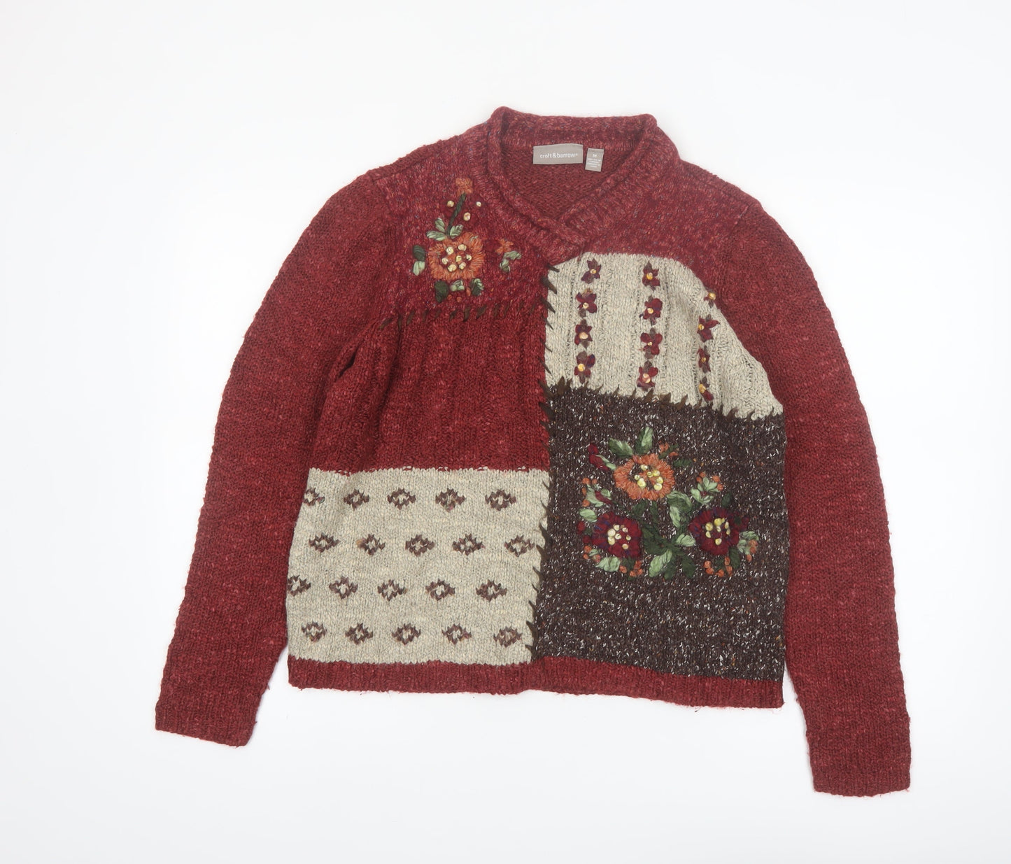 Croft & Barrow Women Red Patchwork Floral Embroidered Knit Jumper Size M
