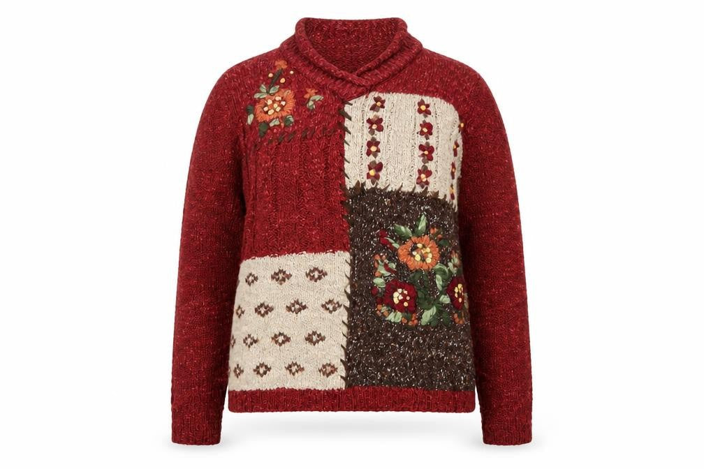 Croft & Barrow Women Red Patchwork Floral Embroidered Knit Jumper Size M