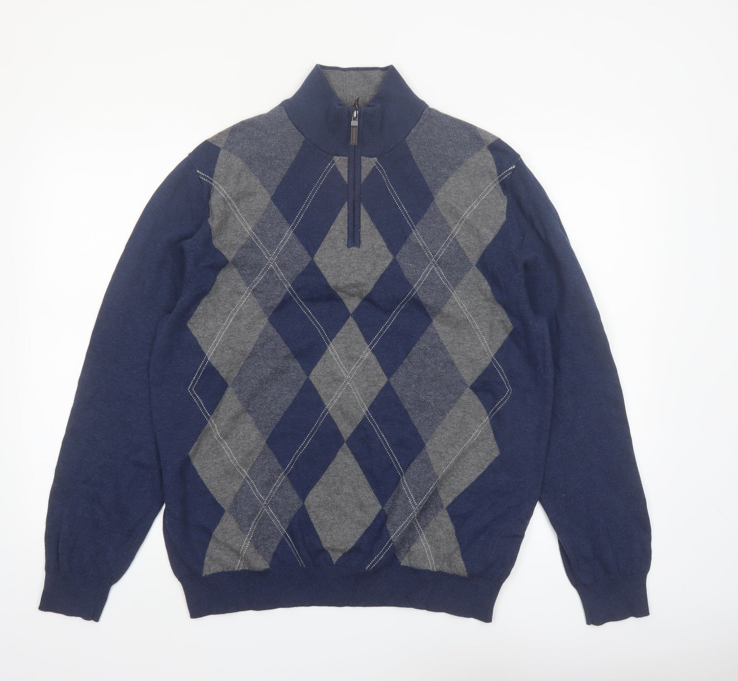 Tasso Elba Men’s Blue Argyle Cotton 1/2 Zip Jumper Size L