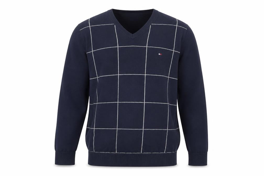 Tommy Hilfiger Men’s Blue V-Neck Check Cotton Pullover Jumper Size L