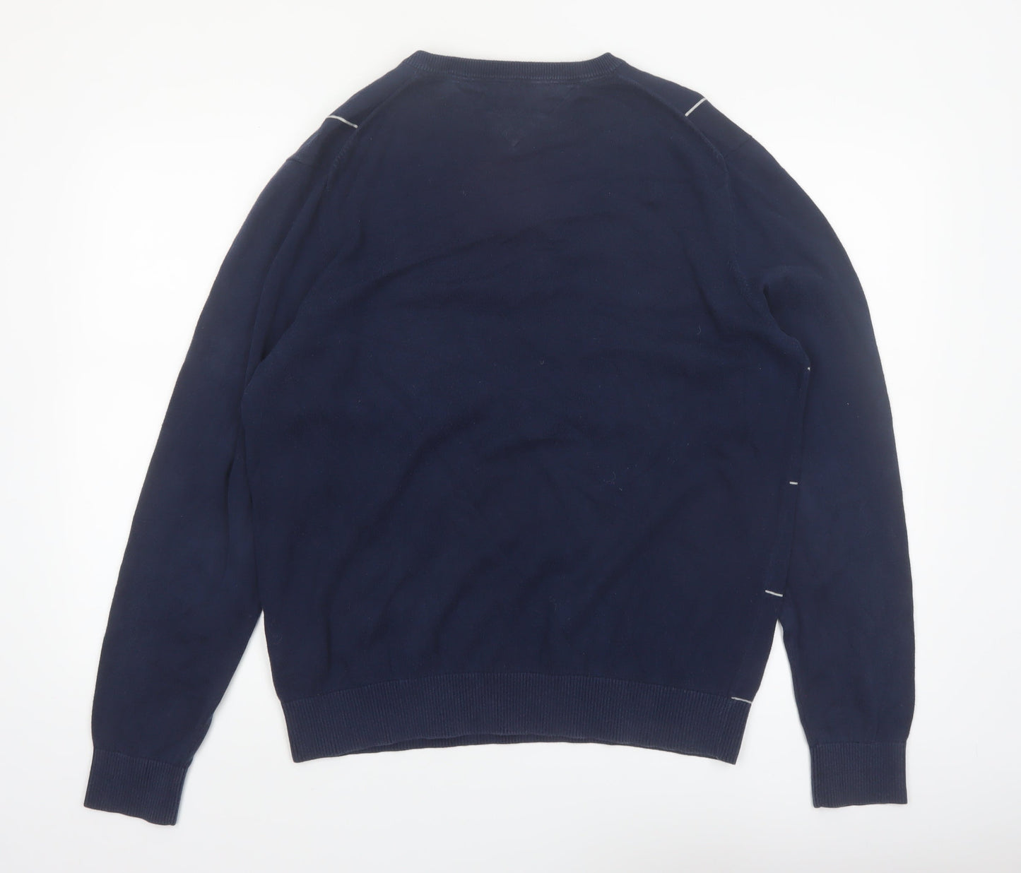 Tommy Hilfiger Men’s Blue V-Neck Check Cotton Pullover Jumper Size L