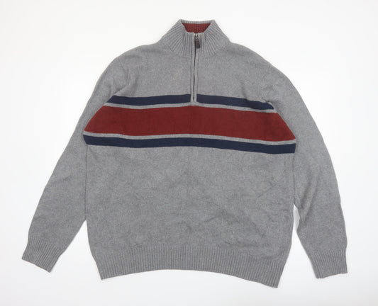 Eddie Bauer Men's Grey XL Half Zip Cotton Jumper High Neck Knit