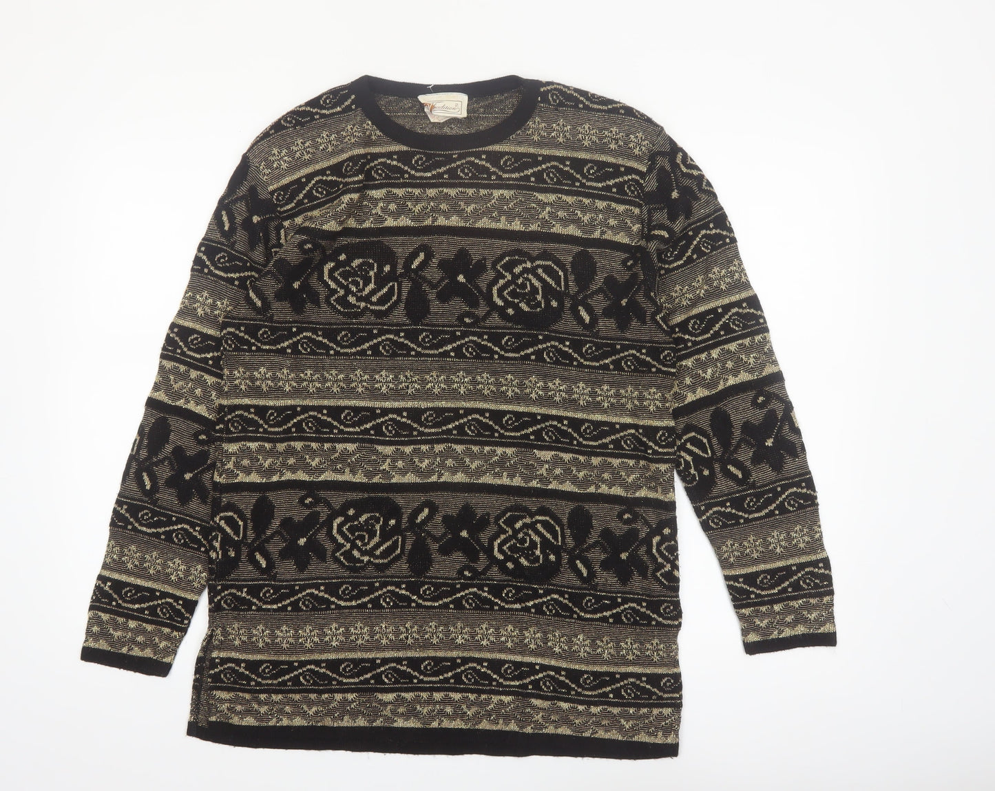 Tradition Womens Black Metallic Floral Knit Pullover Jumper M