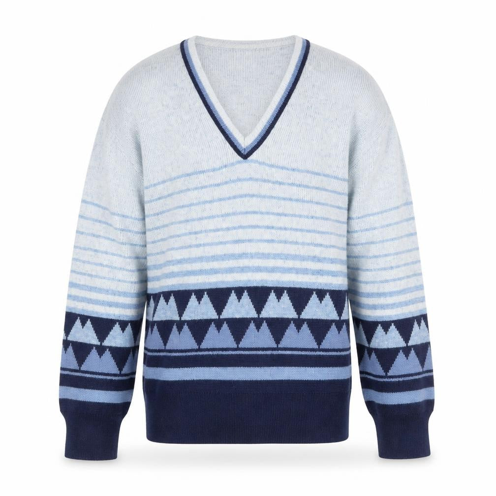Damon Men's Blue Geometric Wool V-Neck Jumper Size M