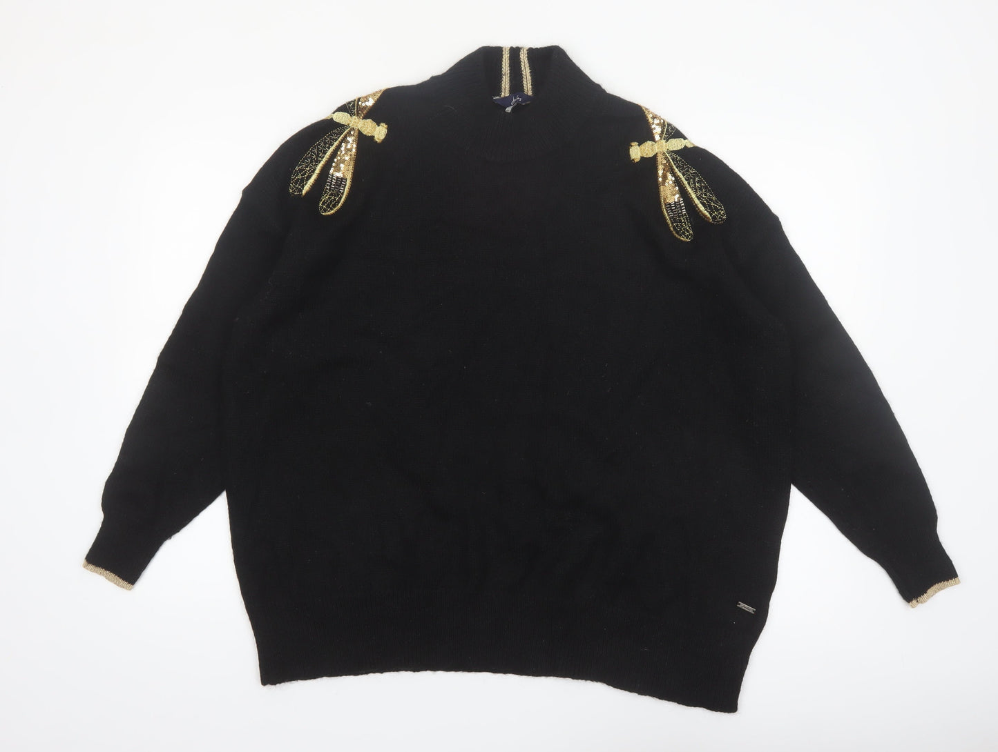 Joules Women’s Black Sequin Dragonfly High Neck Long Sleeve Jumper Size 20