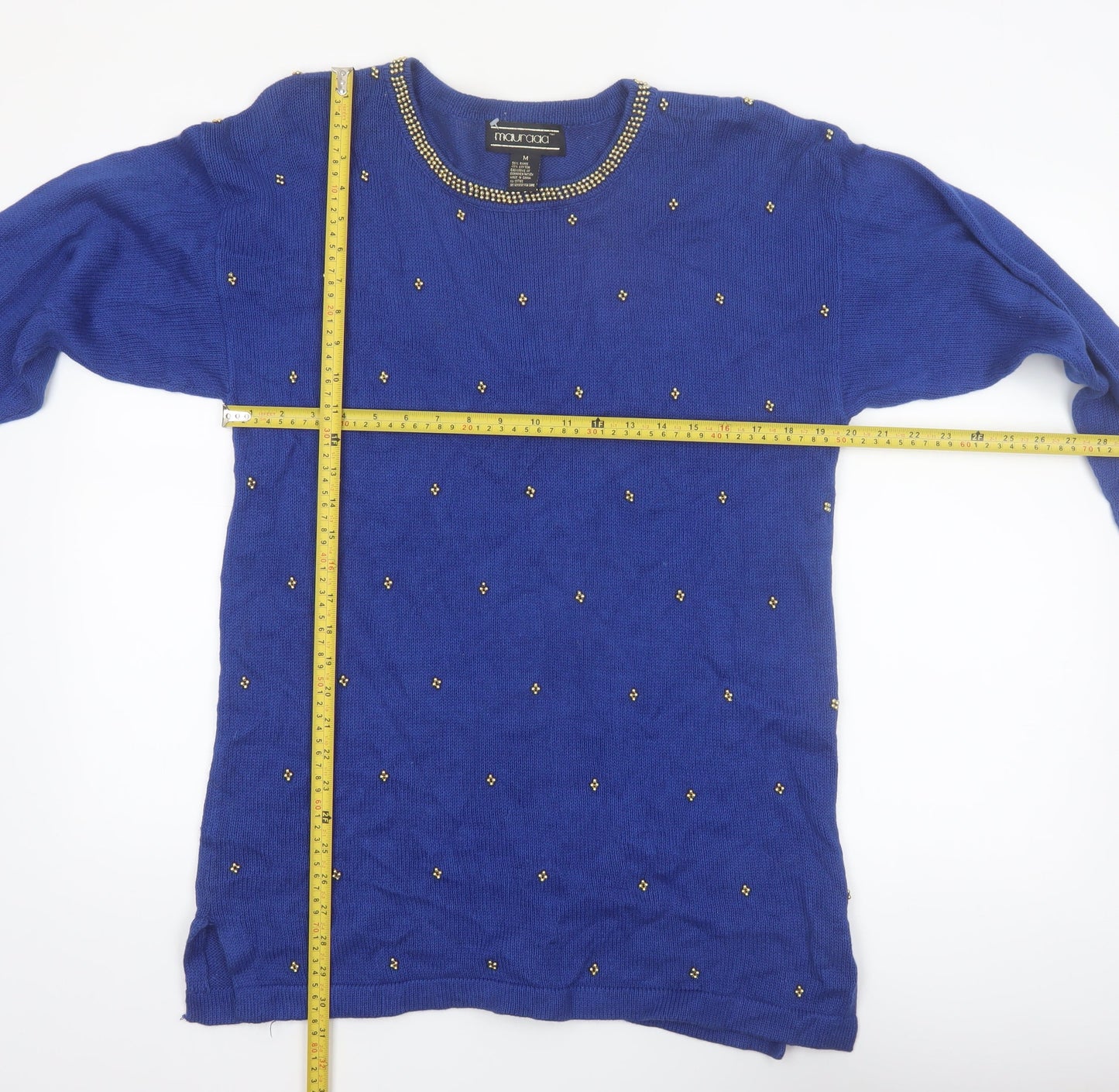 Mauraaa Women Blue Beaded Long Sleeve Pullover Jumper Size M