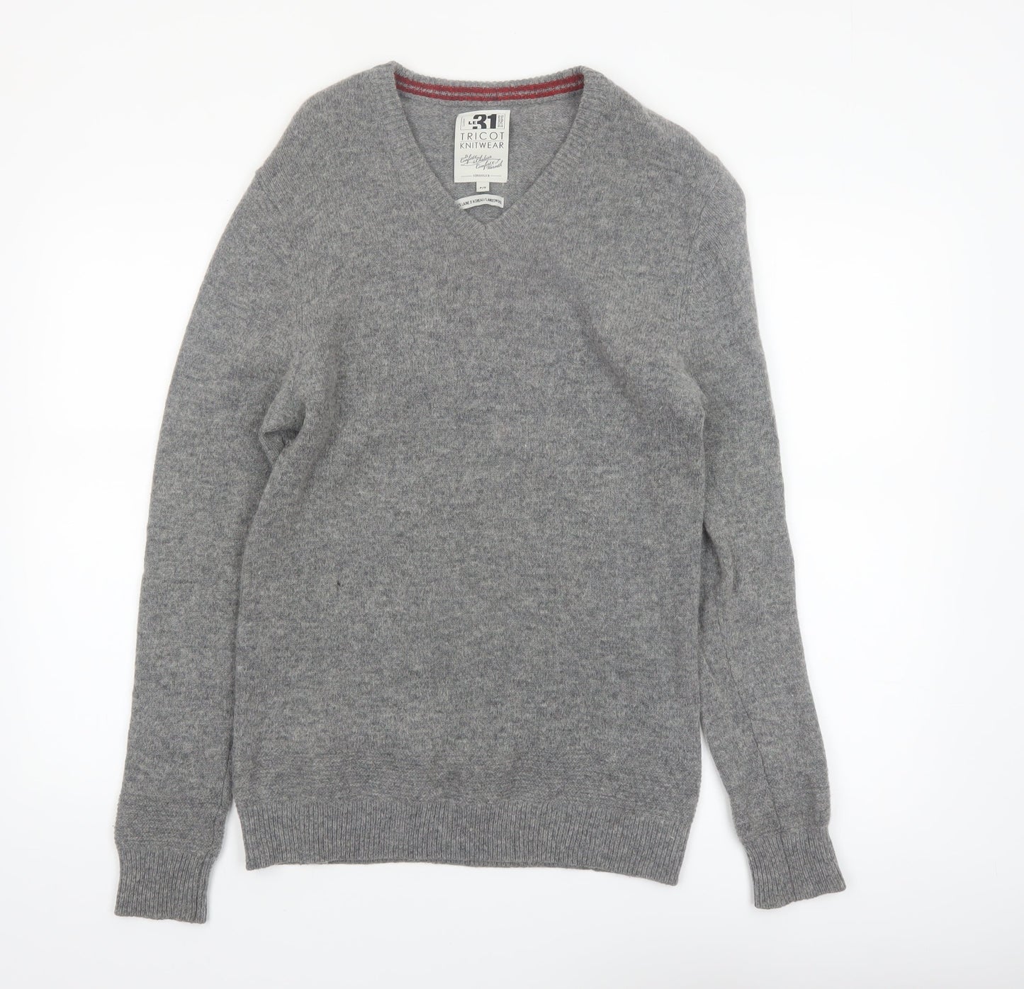 Le 31 Men’s Grey Lambswool V-Neck Pullover Jumper S
