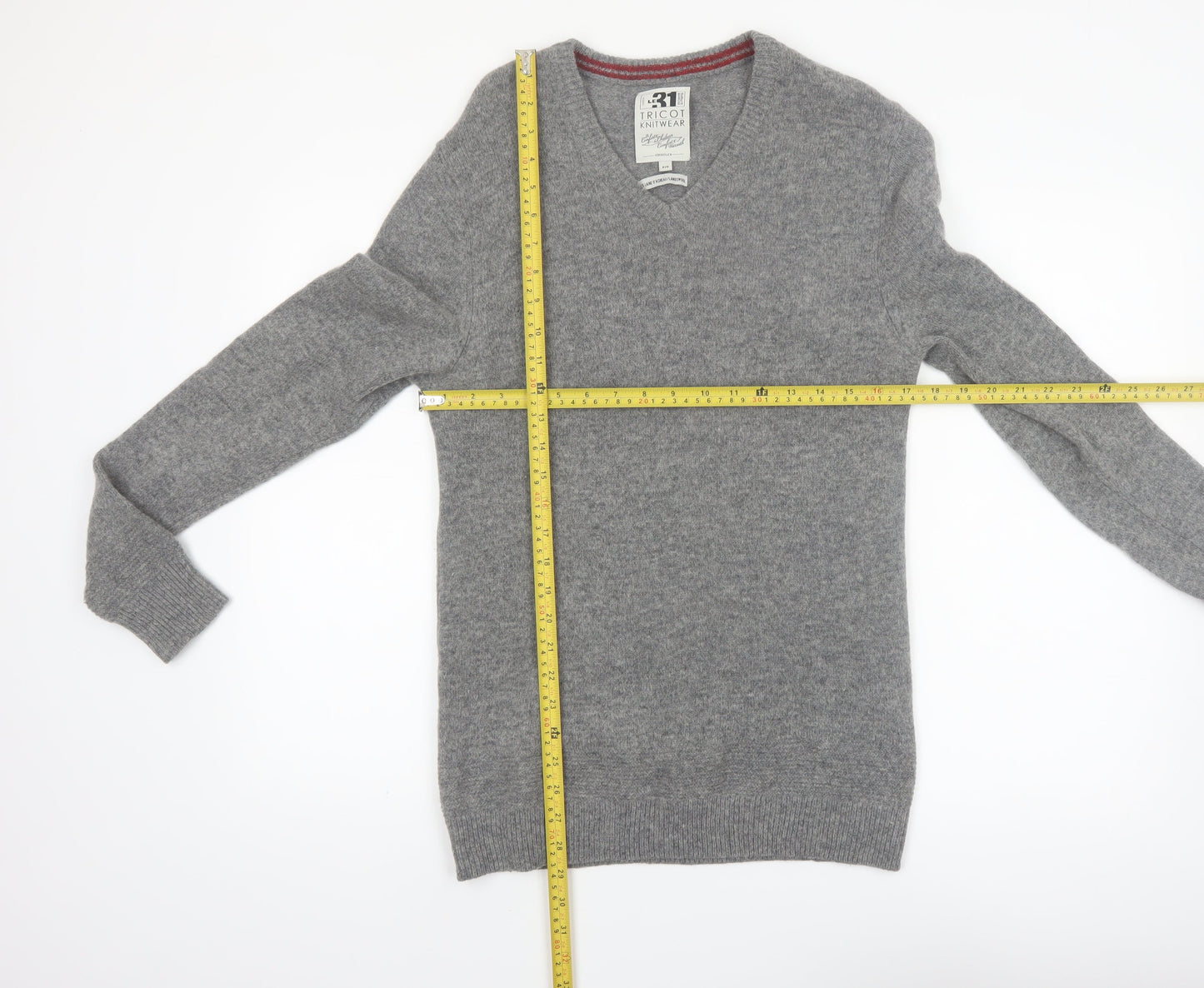 Le 31 Men’s Grey Lambswool V-Neck Pullover Jumper S