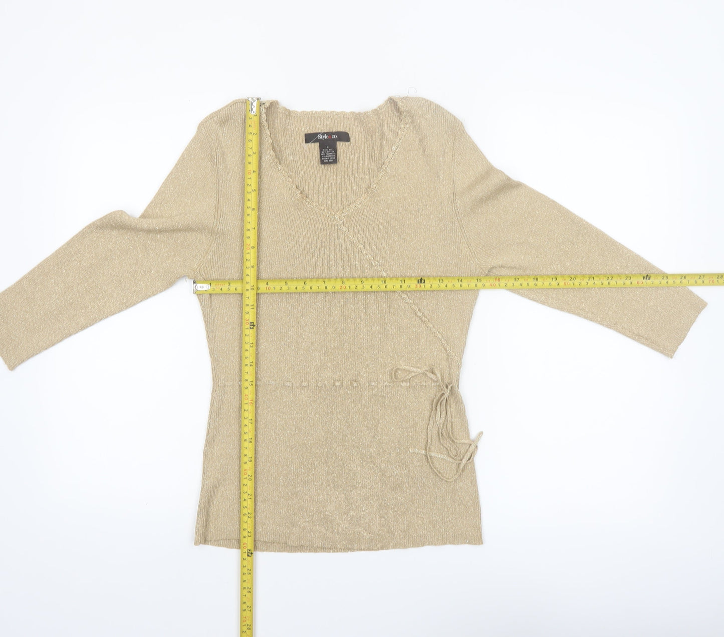 Style & Co Women Beige L Wrap V-Neck Silk Blend Jumper