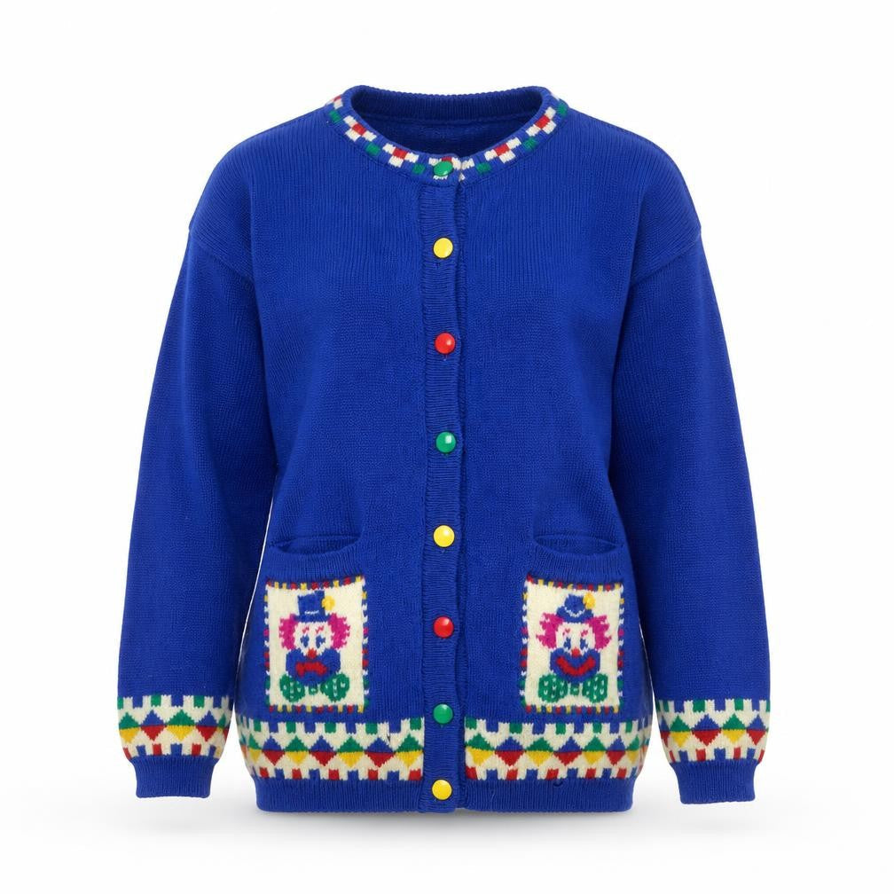 Jumpers Blue Pure New Wool Women's Small Cardigan with Clown Motif