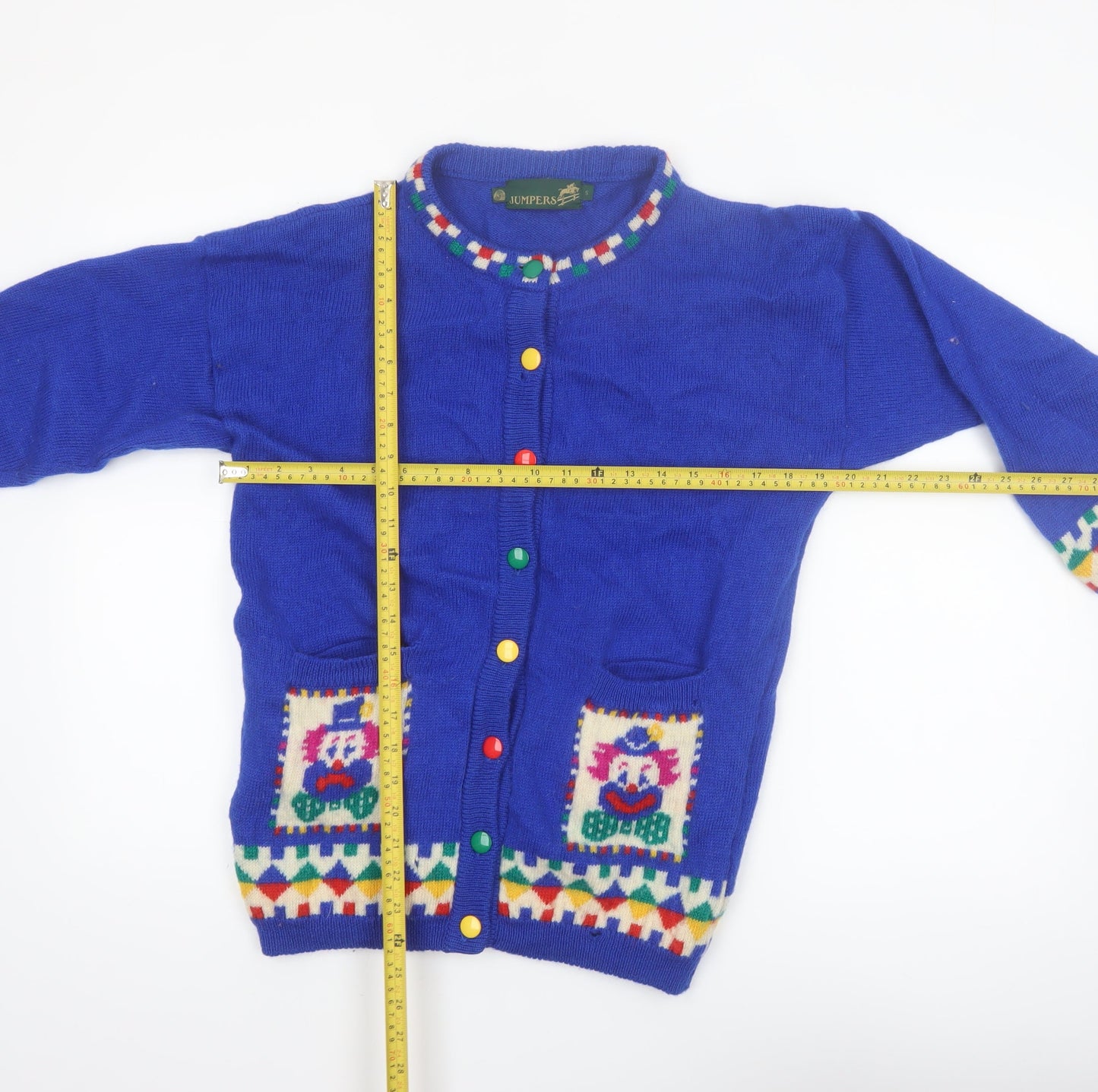 Jumpers Blue Pure New Wool Women's Small Cardigan with Clown Motif