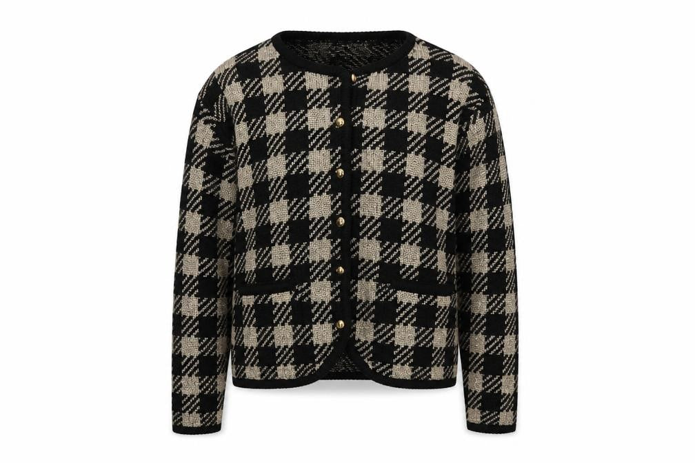 Baxter & Wells Womens Black Beige Plaid Cardigan M Acrylic Metallic Knit