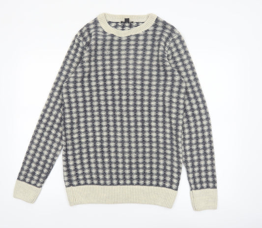 New Look Men Blue Check Knit Crew Neck Jumper Size M