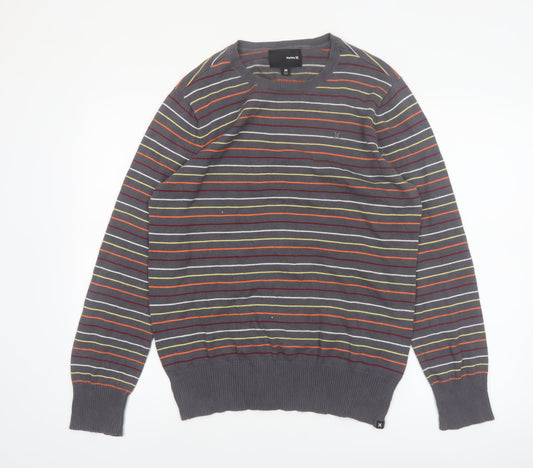 Hurley Men's Grey Striped Cotton Crew Neck Pullover Jumper M