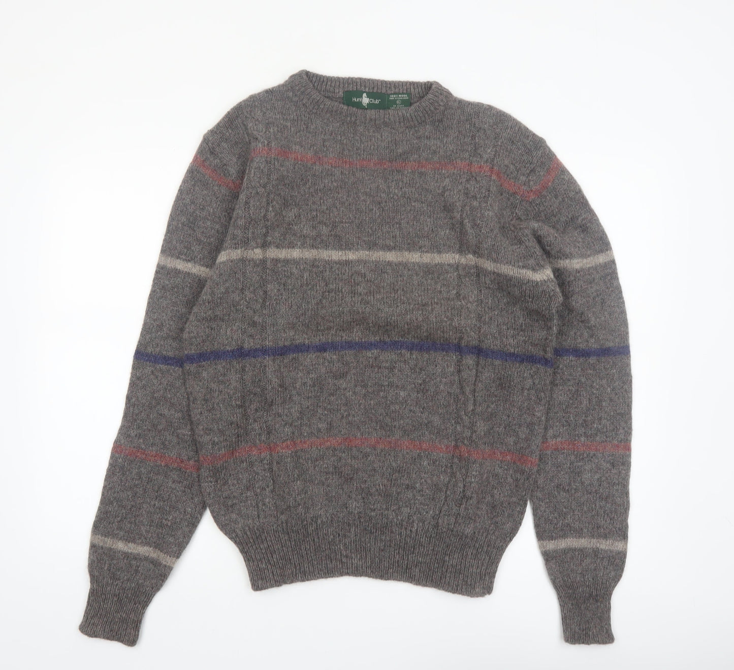 Hunt Club Men's Grey Wool Striped Crew Neck Jumper XL Vintage Pullover