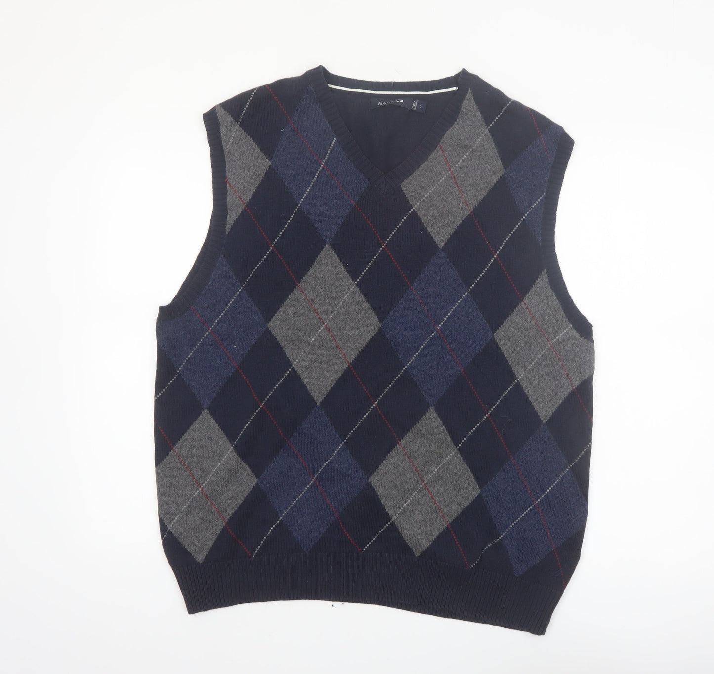 Nautica Men Blue Argyle Sleeveless Cotton Knit Vest L Classic V-Neck Jumper