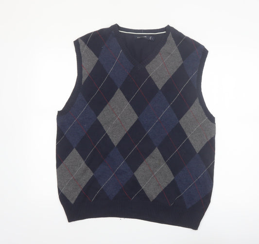 Nautica Men Blue Argyle Sleeveless Cotton Knit Vest L Classic V-Neck Jumper