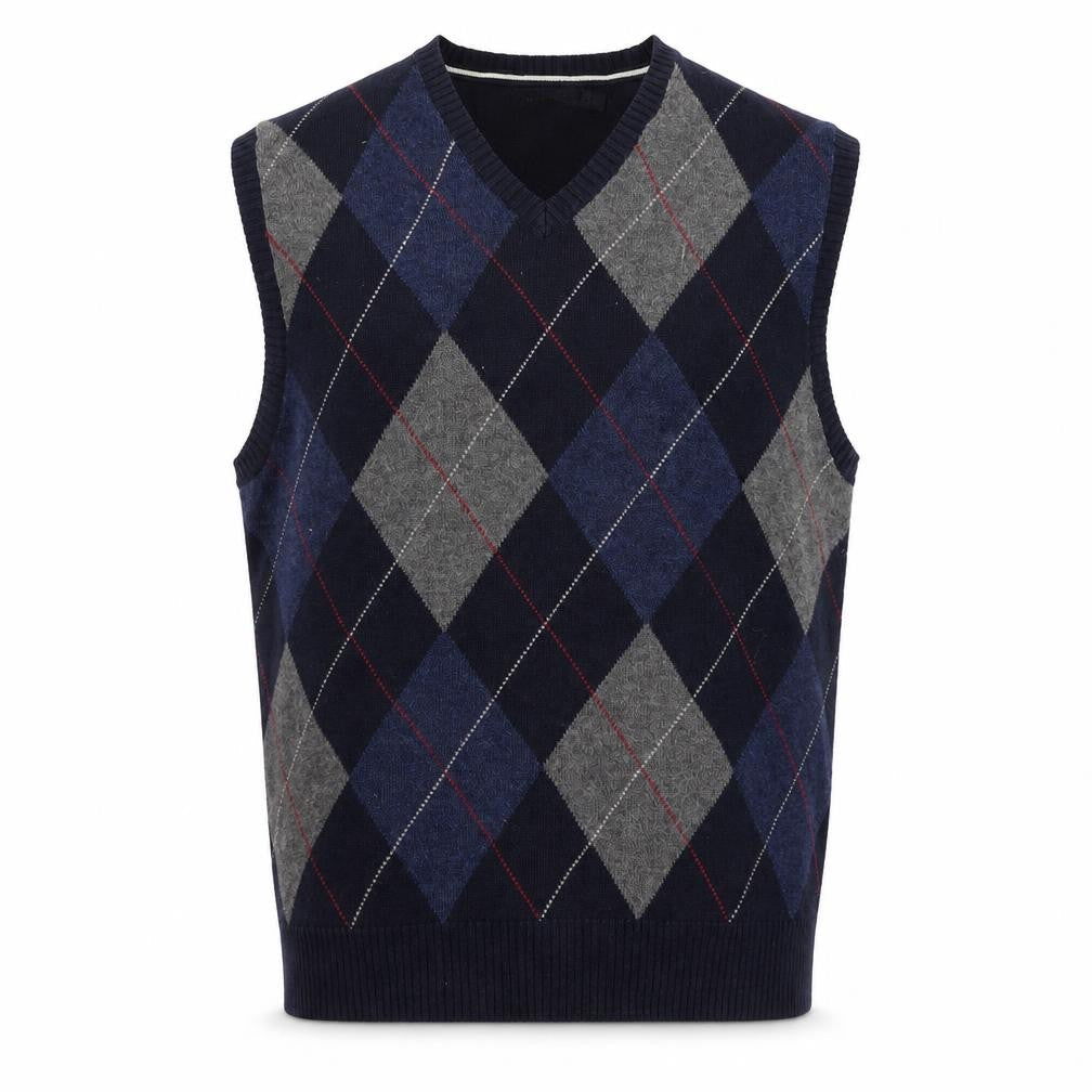 Nautica Men Blue Argyle Sleeveless Cotton Knit Vest L Classic V-Neck Jumper