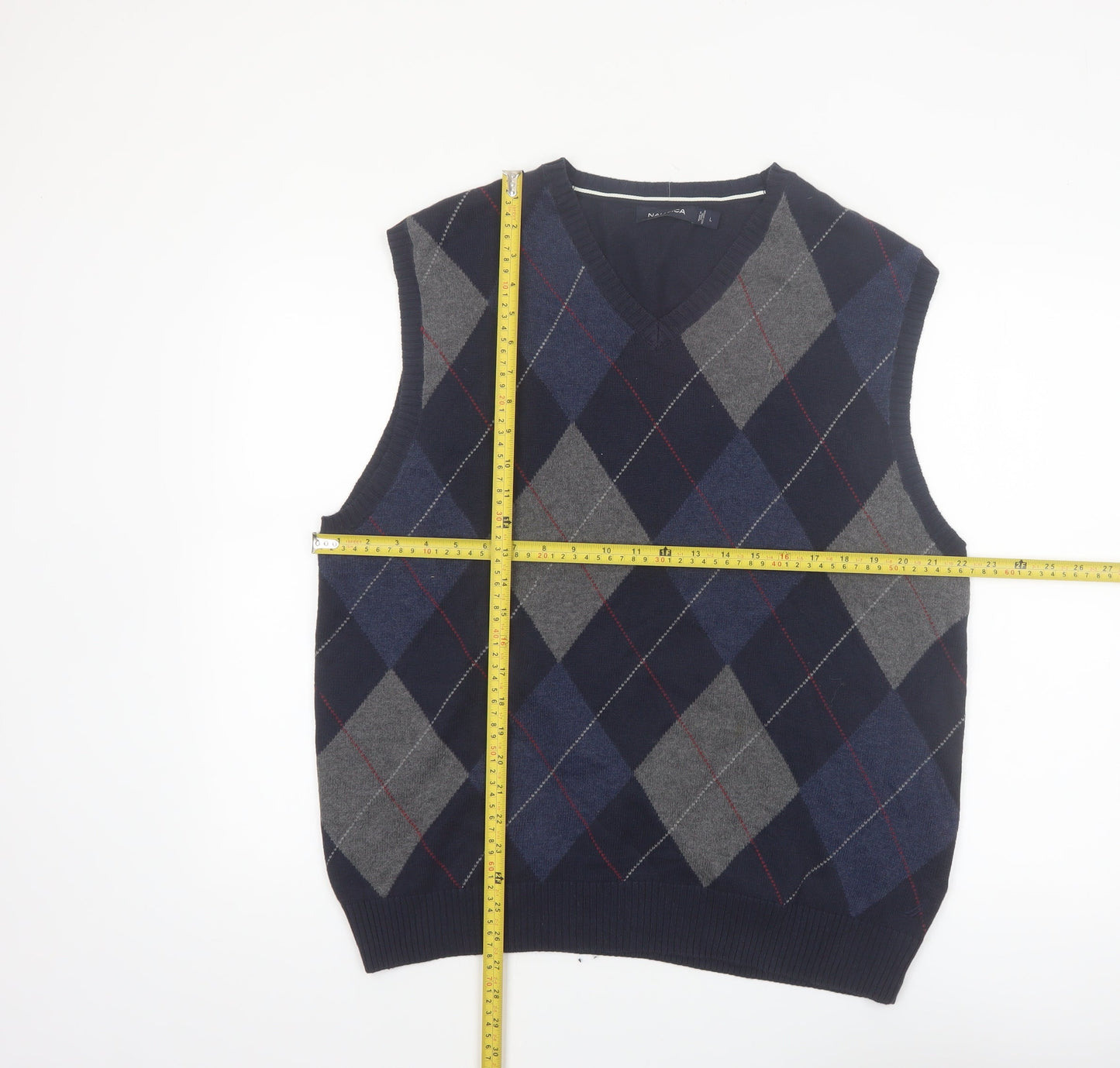 Nautica Men Blue Argyle Sleeveless Cotton Knit Vest L Classic V-Neck Jumper