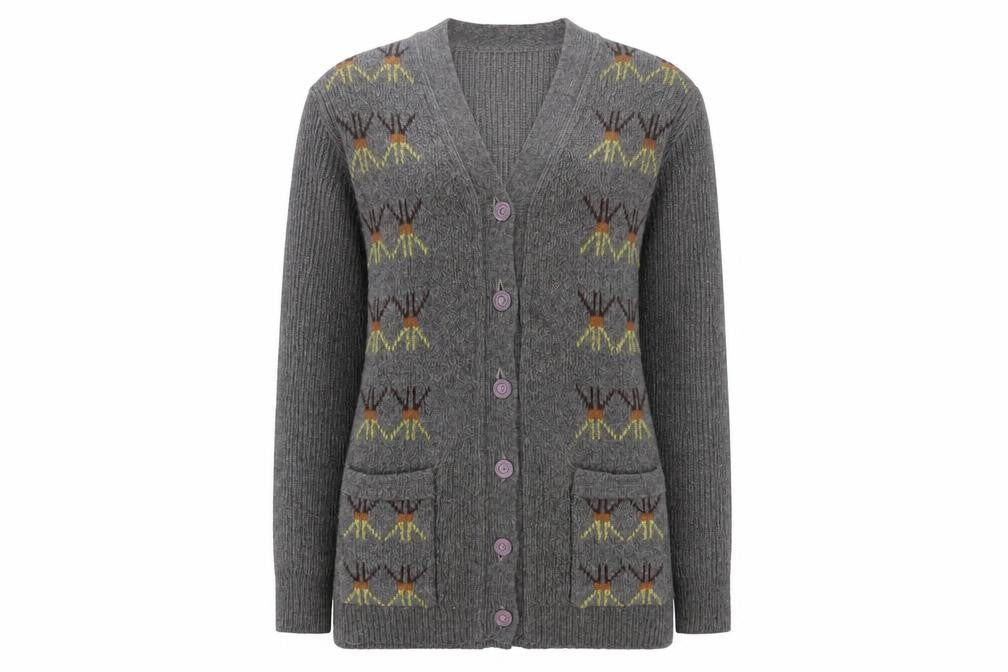 Golden Horse Women's Grey Wool Cardigan M V-Neck Geometric Vintage