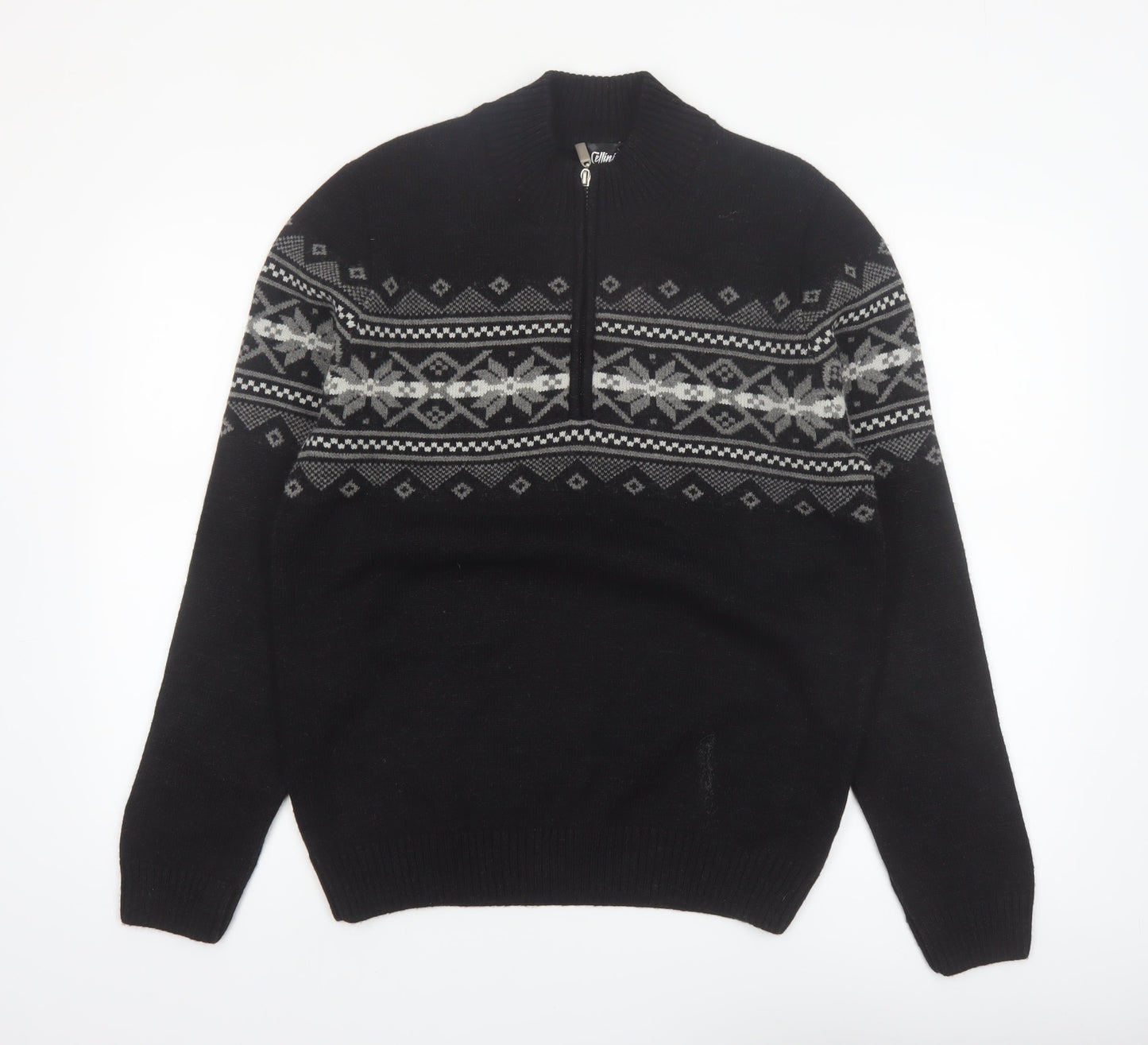 Cellini Men's Black Fair Isle Wool Blend 1/2 Zip Jumper M
