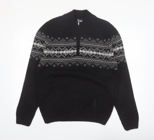 Cellini Men's Black Fair Isle Wool Blend 1/2 Zip Jumper M