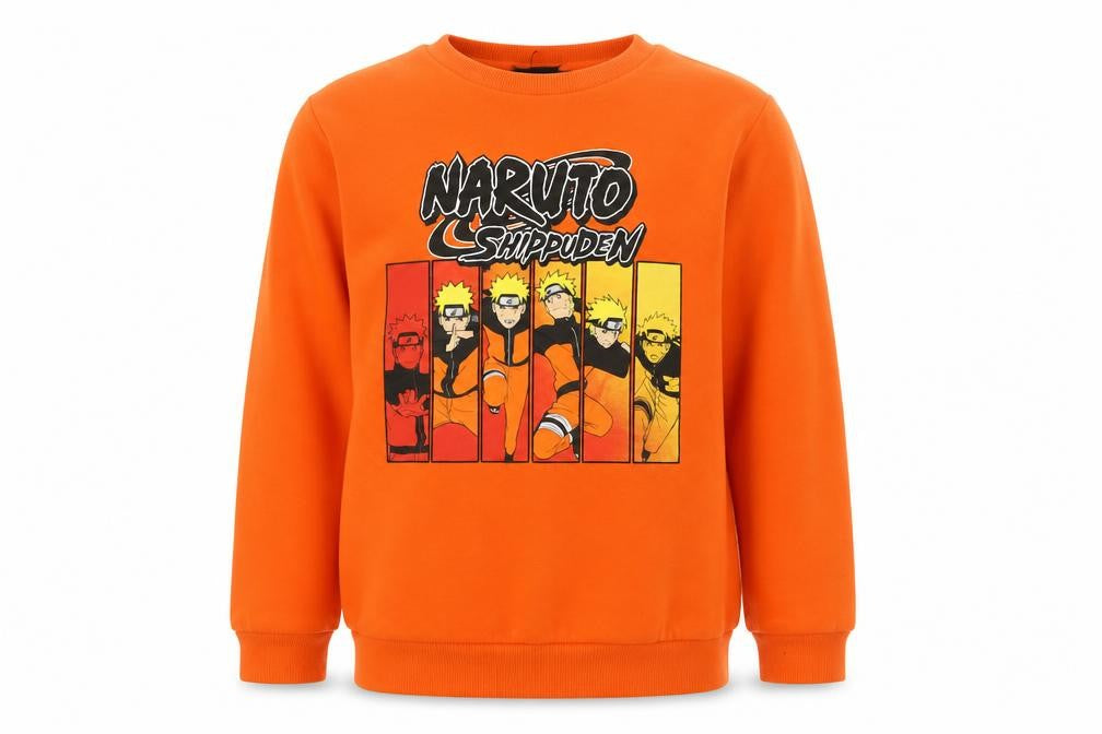 Front view of Naruto Shippuden boys’ orange graphic crew neck pullover sweatshirt 11-12 years