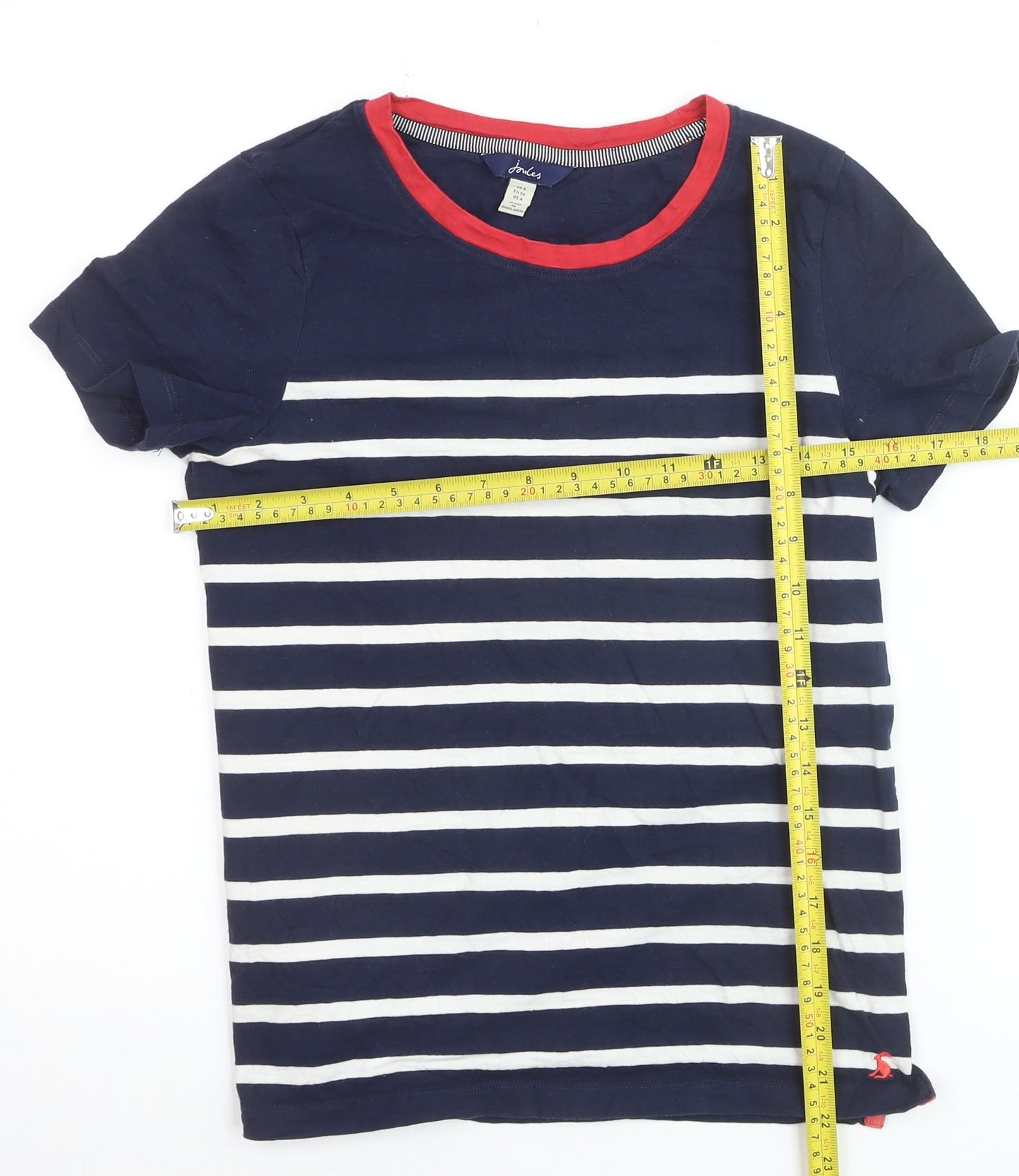 Joules Women Blue Striped Cotton T-Shirt Size 8 Short Sleeve