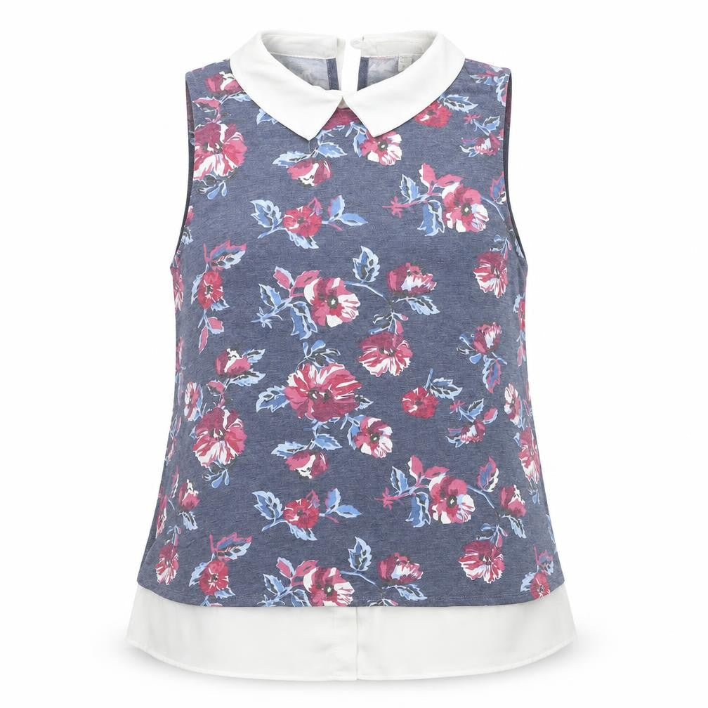 Faith and Joy Women’s Blue Floral Collared Sleeveless Blouse M