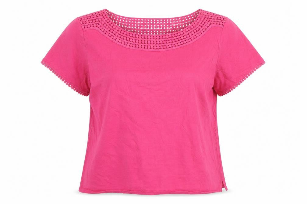 Laura Ashley Women's Pink Cotton Crochet Neck Short Sleeve Top Size 16