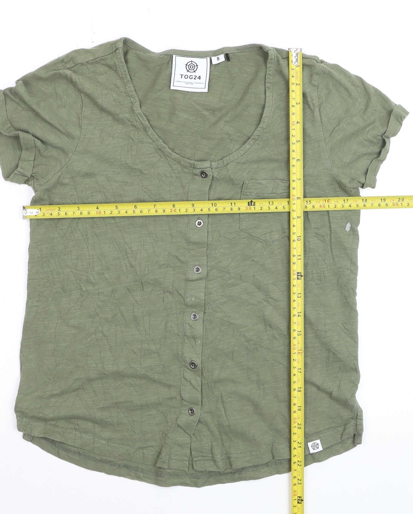TOG24 Women's Green Button-Up Short Sleeve Cotton Top Size 8