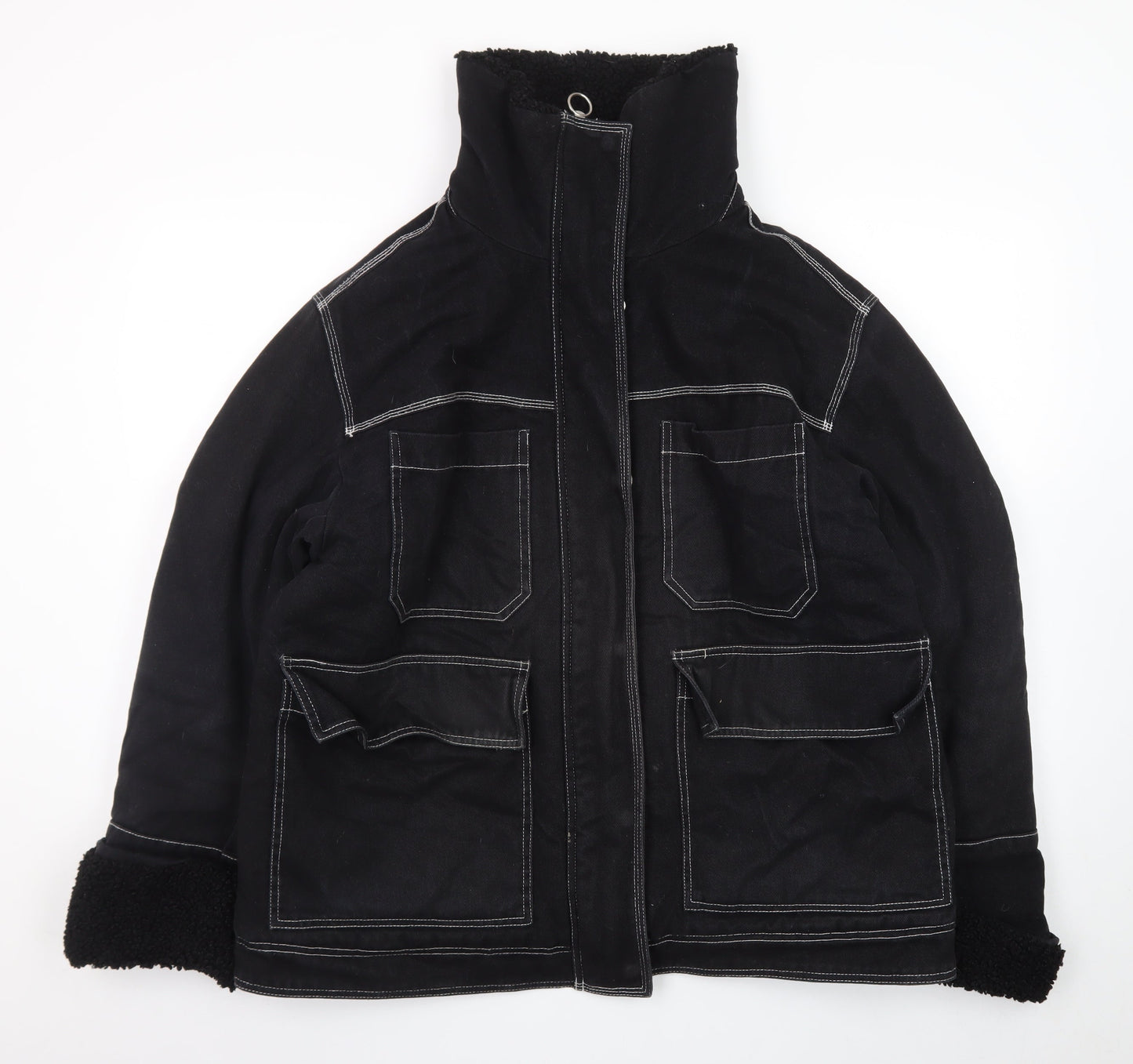 Topshop Womens Black Cotton Utility Jacket Size 14 Lined Zip Pockets