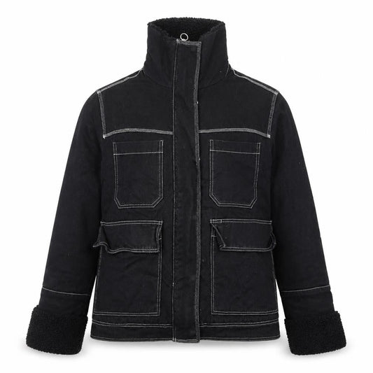 Topshop Womens Black Cotton Utility Jacket Size 14 Lined Zip Pockets