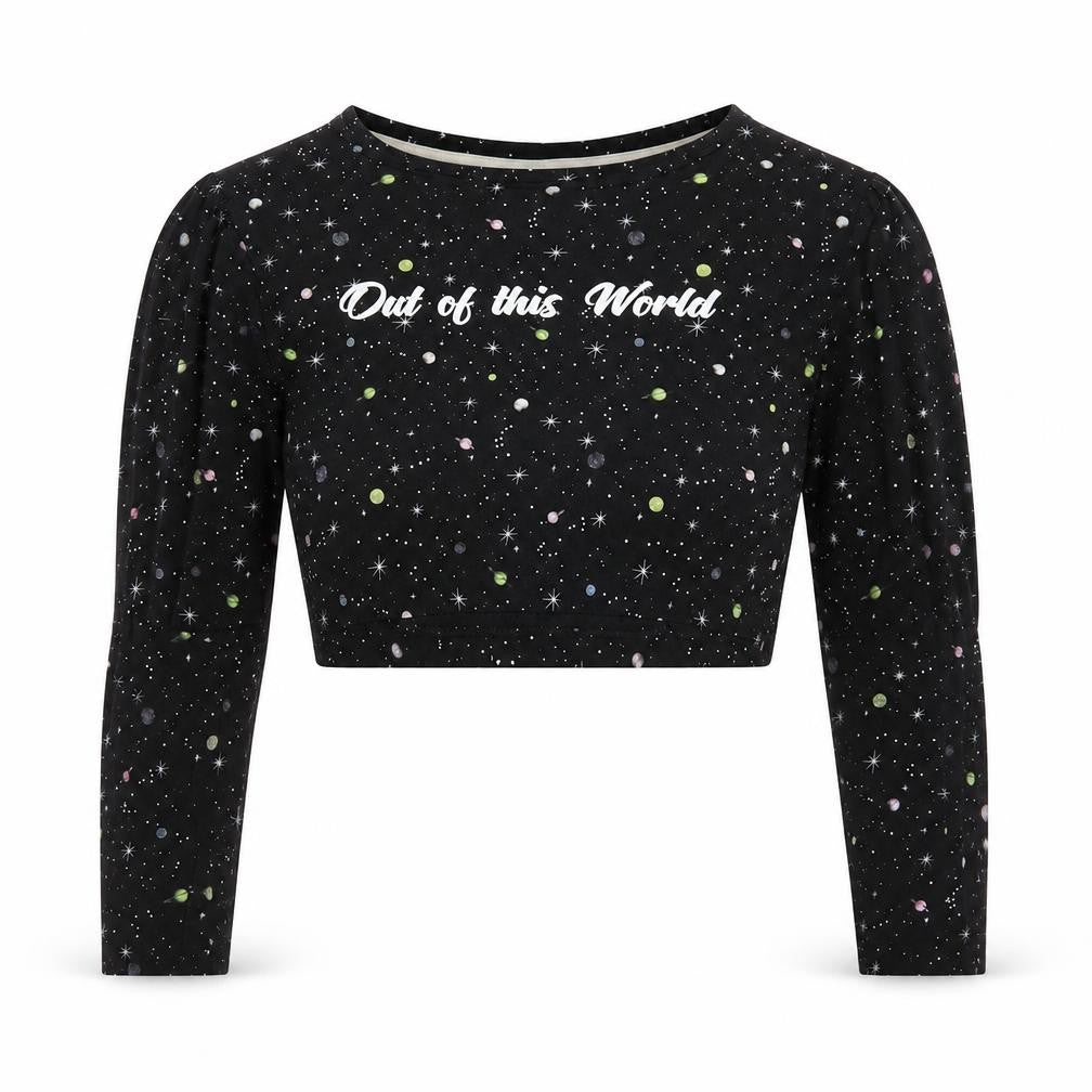 Brave Soul Women's Black Space Print Cropped Long Sleeve T-Shirt Size S