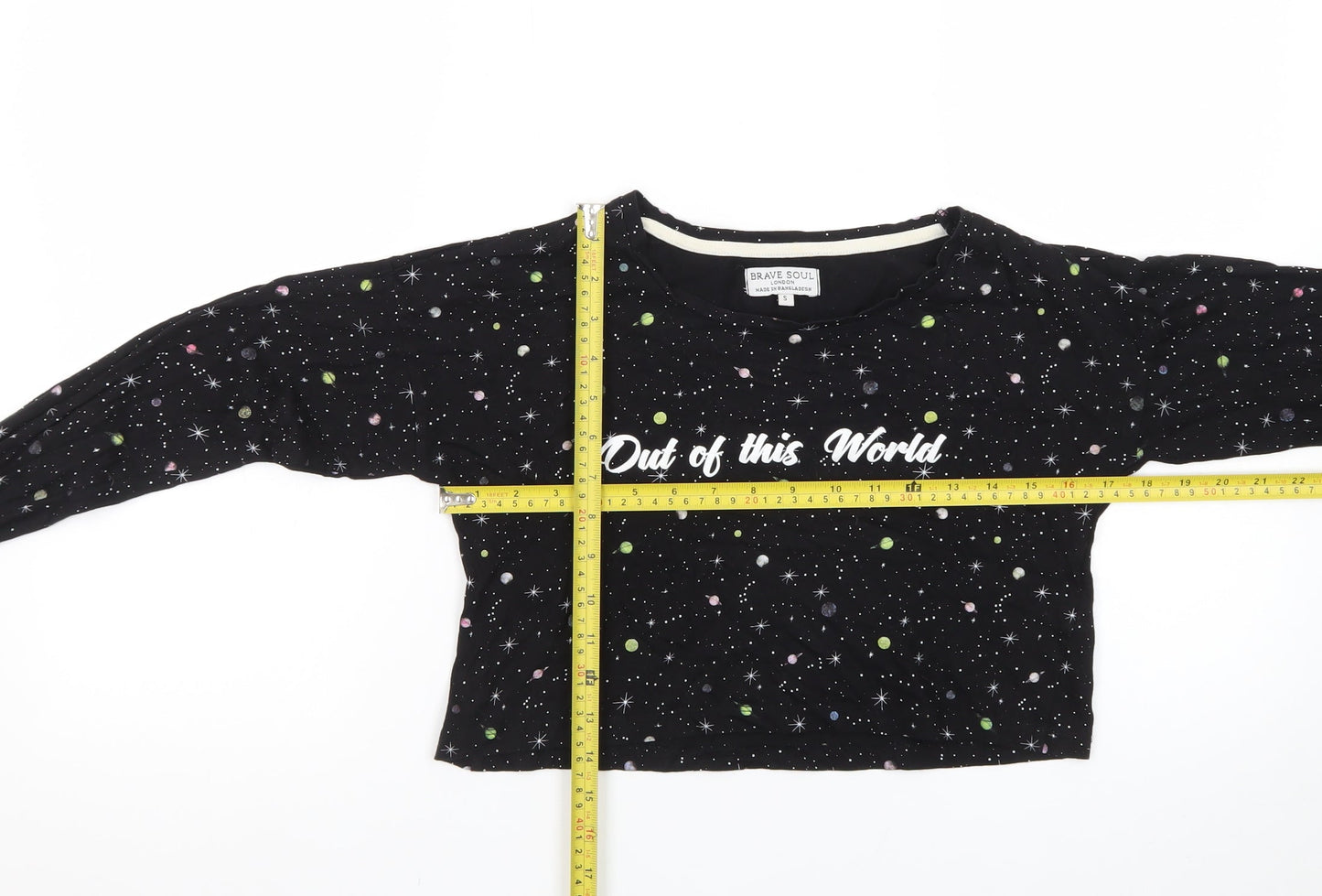 Brave Soul Women's Black Space Print Cropped Long Sleeve T-Shirt Size S