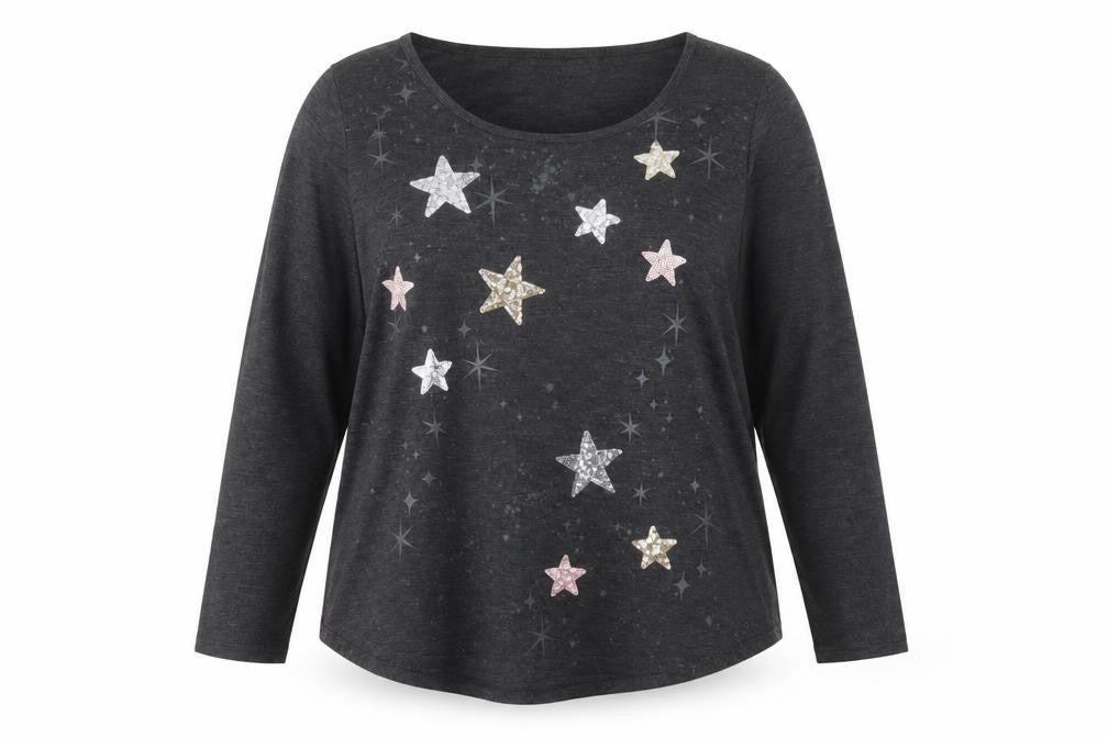 Style & Co Women’s Grey Sequin Star Long Sleeve T-Shirt Size 18 Plus