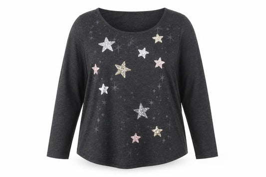 Style & Co Women’s Grey Sequin Star Long Sleeve T-Shirt Size 18 Plus