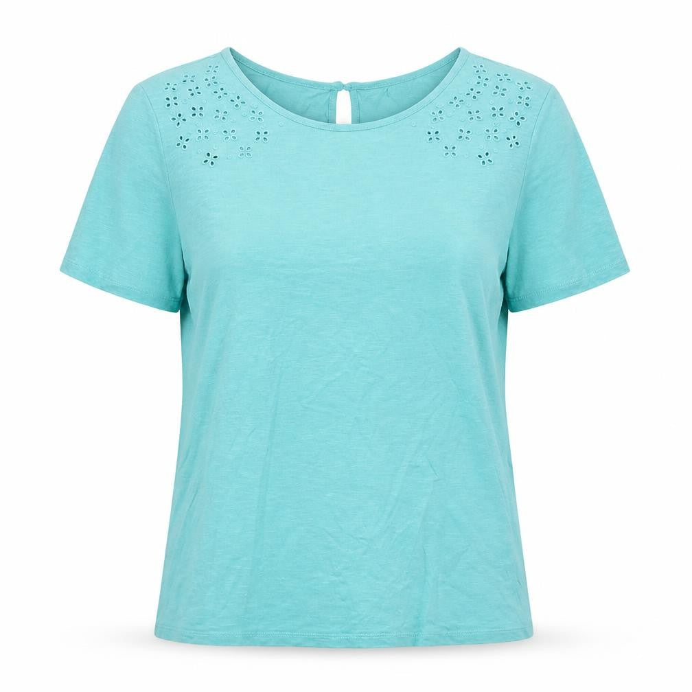 Bonmarché Women's Blue Cotton Embroidered Short Sleeve T-Shirt Size 14