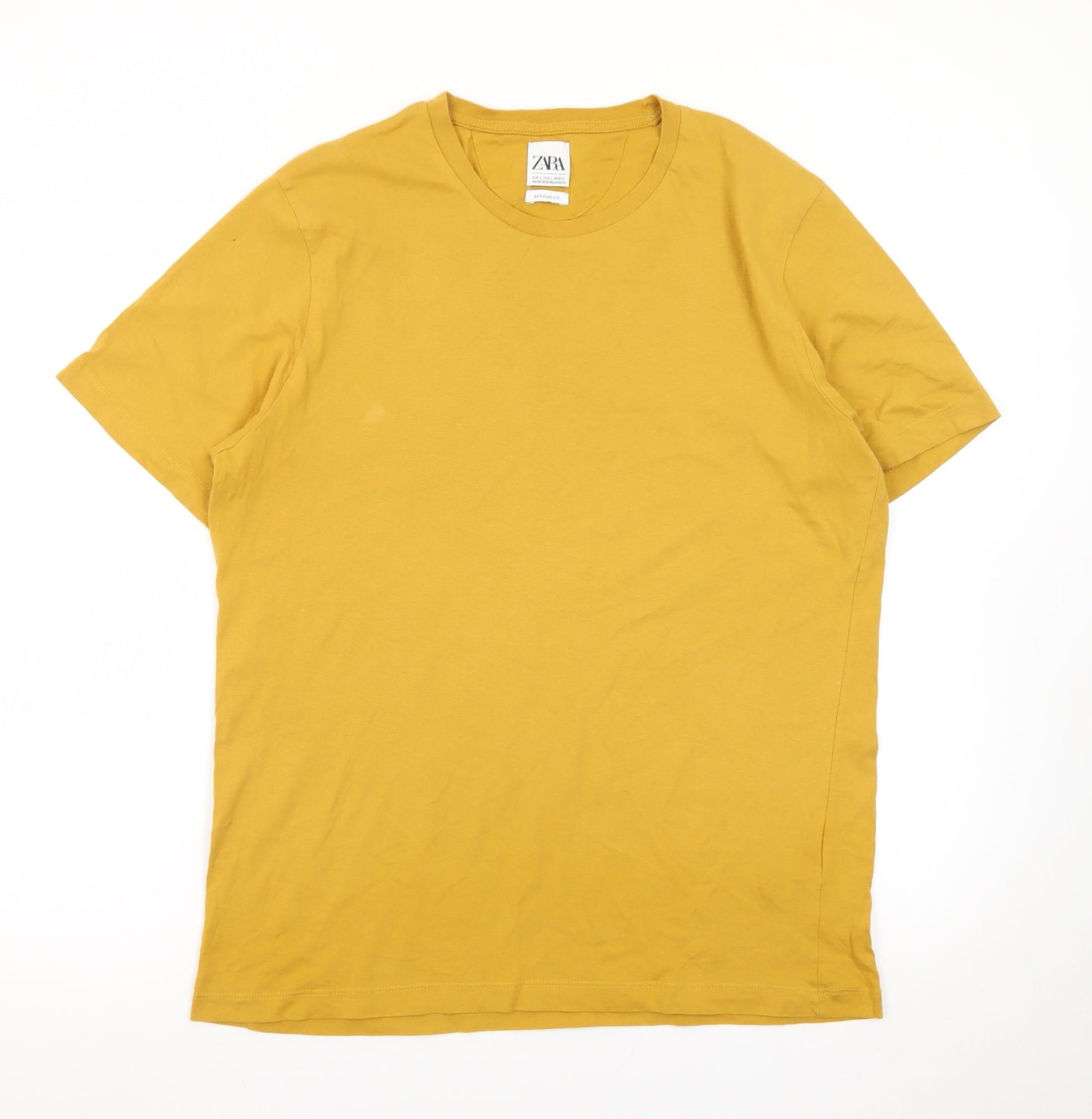 Zara Men Yellow Regular Fit Cotton Crew Neck Short Sleeve T-Shirt L