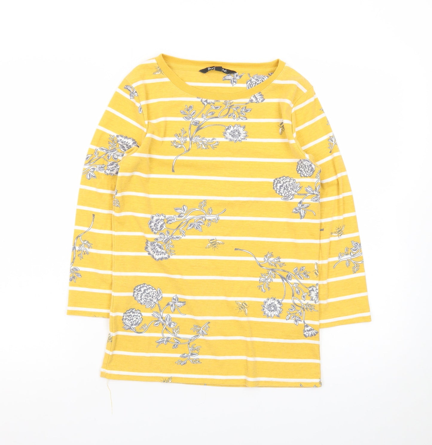 Bonmarché Womens Yellow Floral Stripe 3/4 Sleeve Boat Neck T-Shirt Size 10