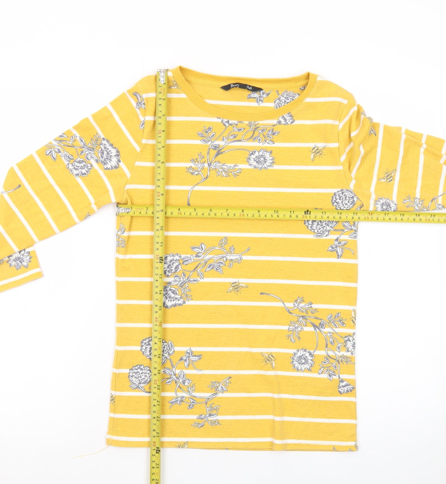 Bonmarché Womens Yellow Floral Stripe 3/4 Sleeve Boat Neck T-Shirt Size 10