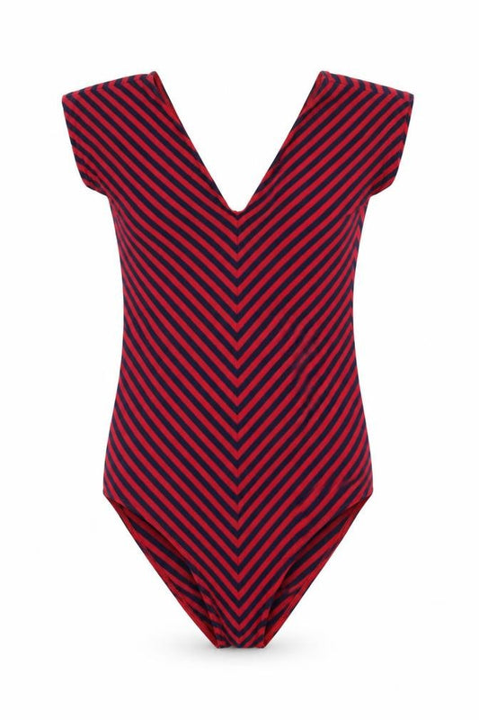 Timestep Womens Red Navy Striped V-Neck Bodysuit Top Size 4