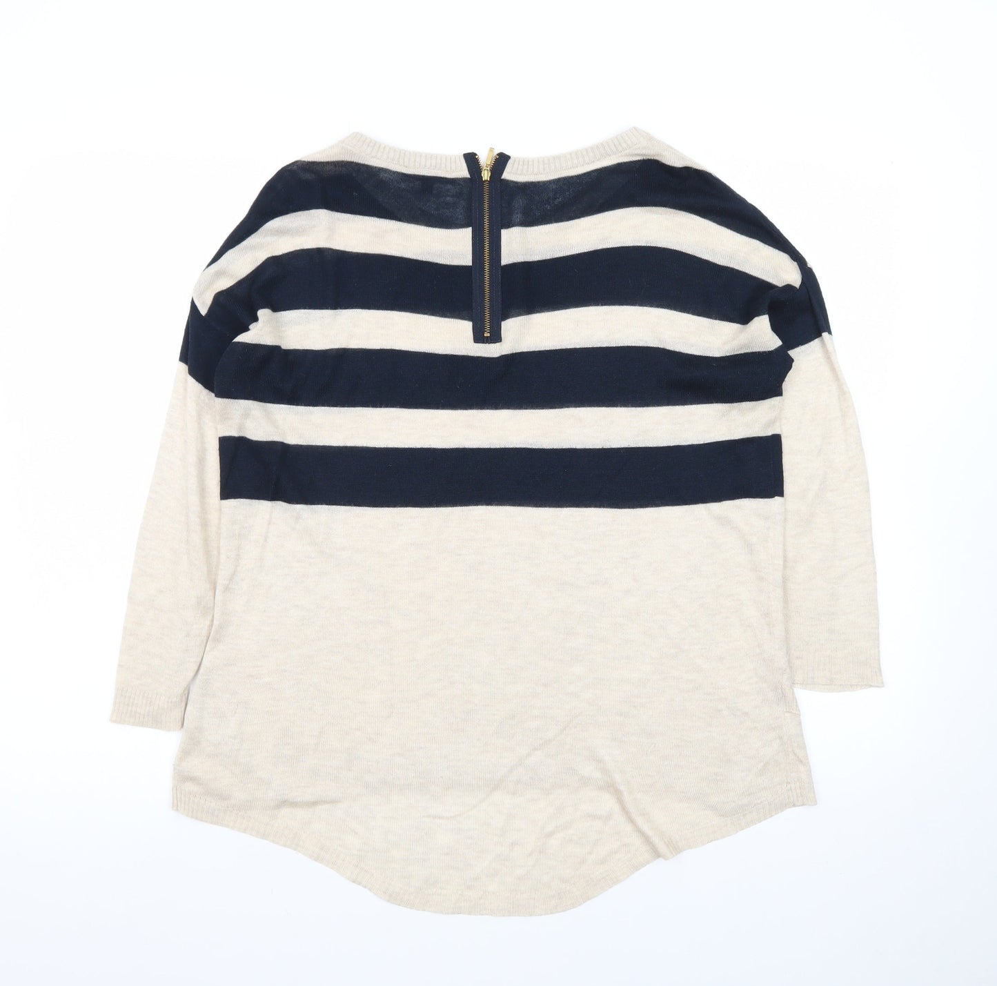 Warehouse Women Beige Navy Striped Jumper UK 8 3/4 Sleeve Boat Neck