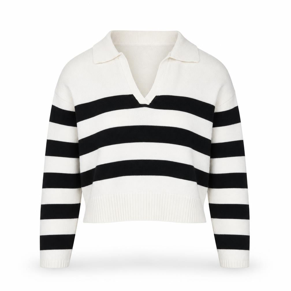 MUNDIDO Women's Black White Striped Collared V-Neck Pullover Jumper XS