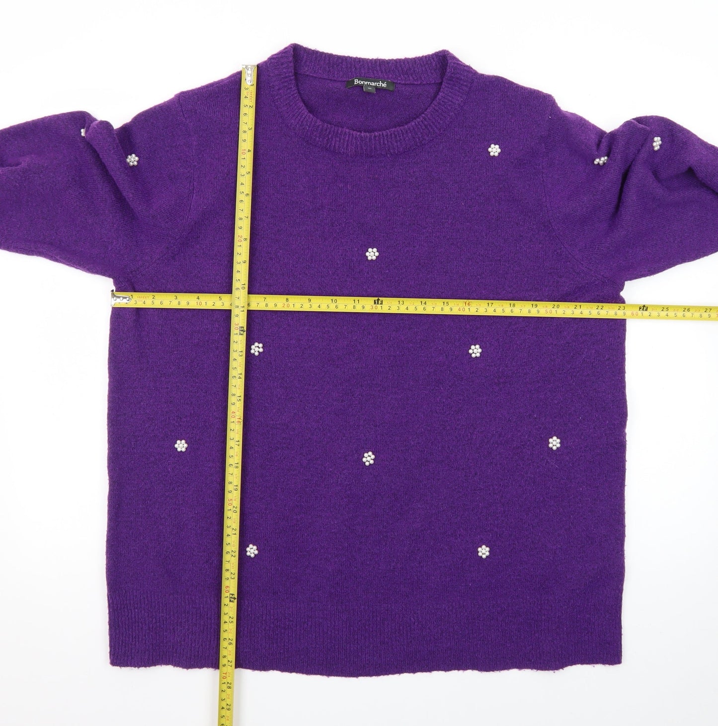 Bonmarché Women's Purple Beaded Knit Jumper Size 20 Crew Neck