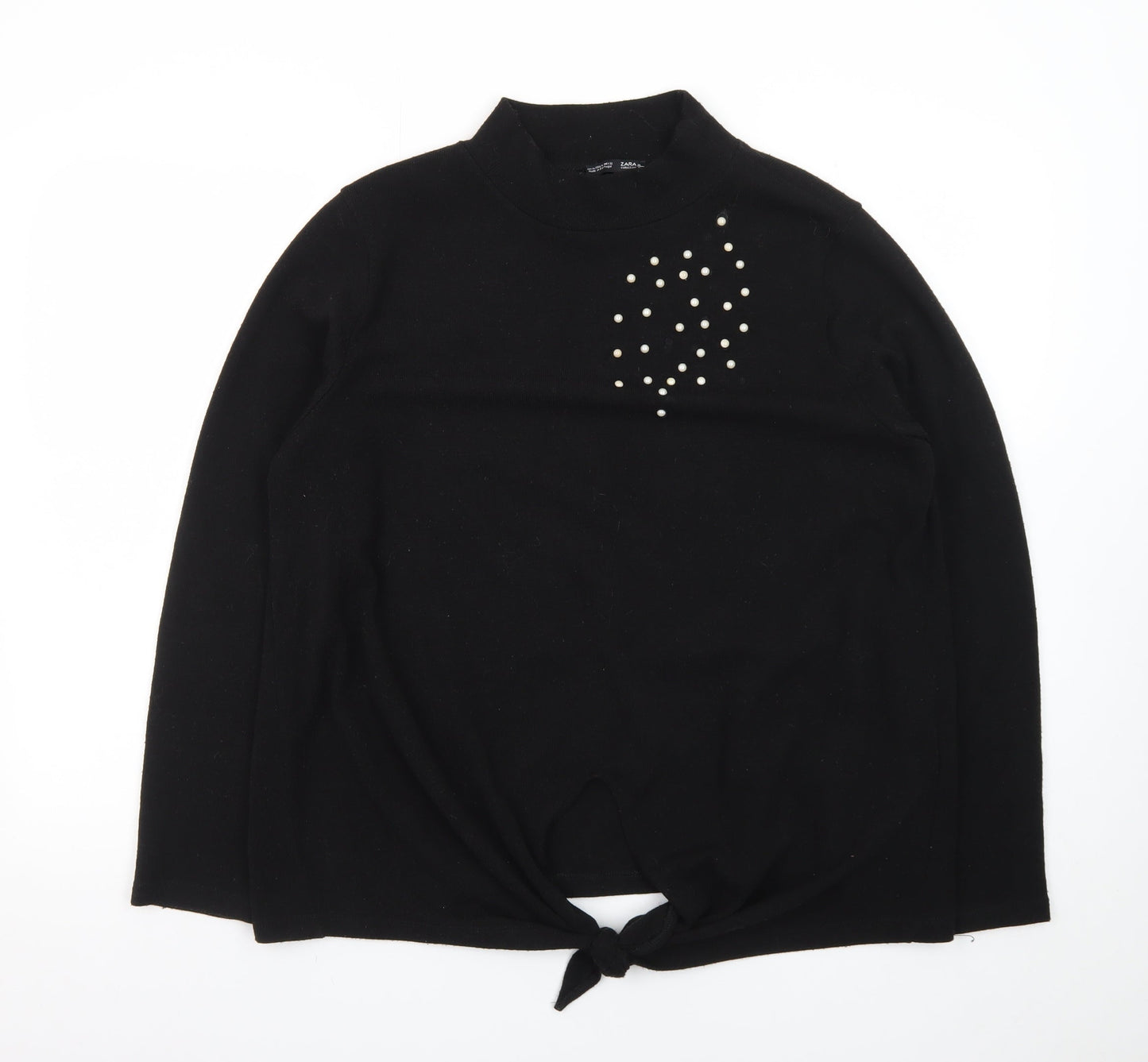 Zara Women Black Mock Neck Beaded Tie Hem Jumper XL