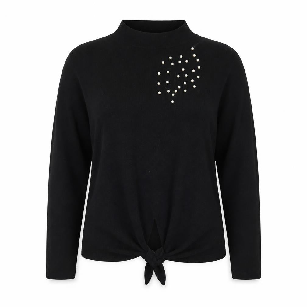 Zara Women Black Mock Neck Beaded Tie Hem Jumper XL