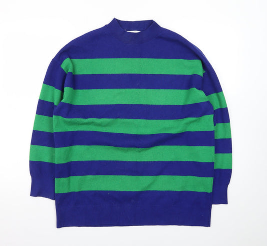 MNG Women's Blue Green Striped Wool Blend Mock Neck Jumper S