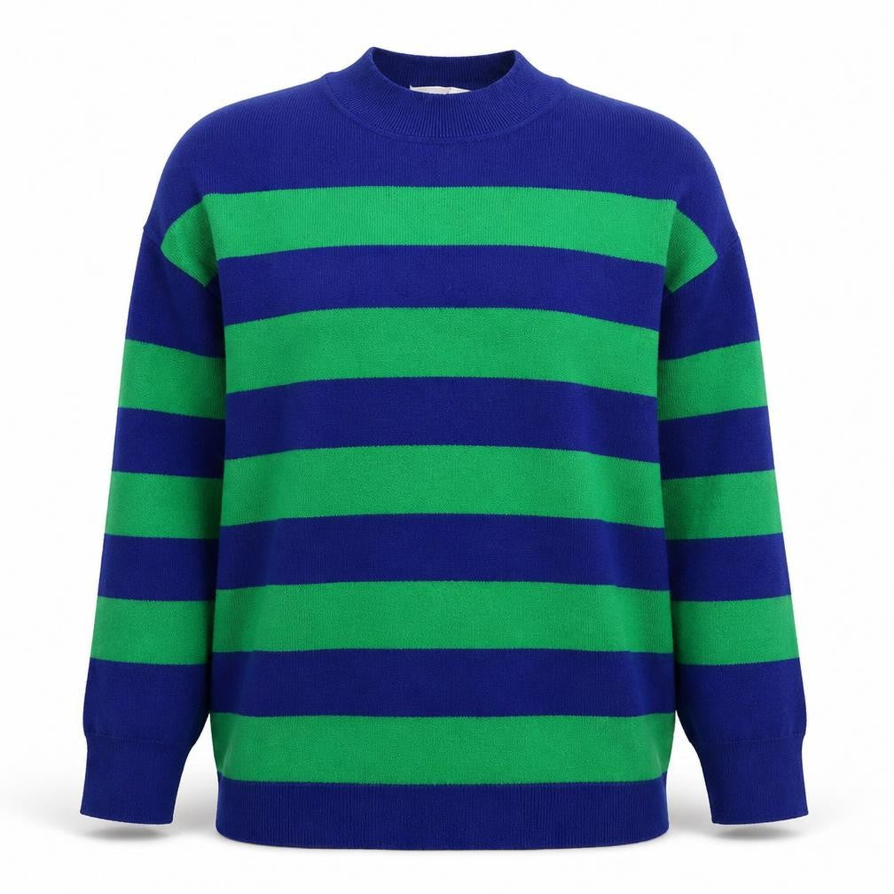 Mango Women's Blue Green Striped Wool Blend Mock Neck Jumper S